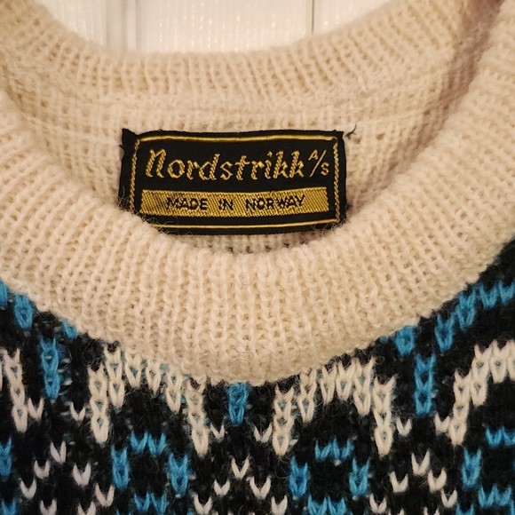 VINTAGE NORDSTRIKK FAIR ISLE WOOL CREAM/BLUE NORWAY SIZE LARGE UNISEX - Picture 6 of 9